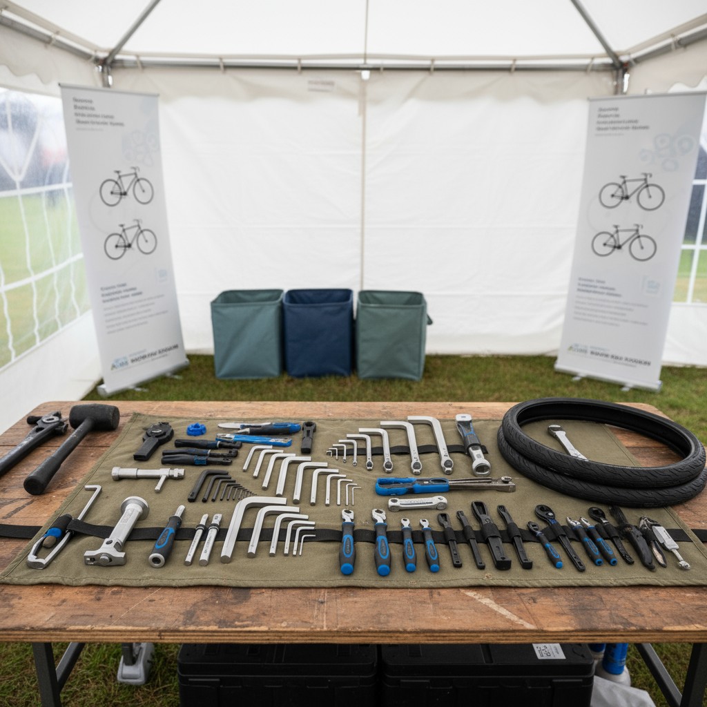 Bicycle tuning tools laid out on a wooden table beneath the canvas covering of an outdoor, white event canopy or tent. The...