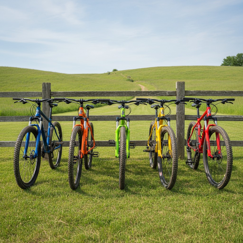 Four bikes lined up at a fence in a field, with a trail in the distance.