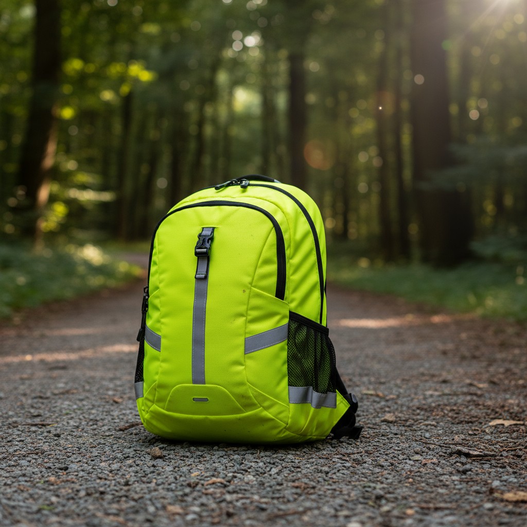 A bright-yellow backpack with black zippers sits on a gravel path in a wooded area