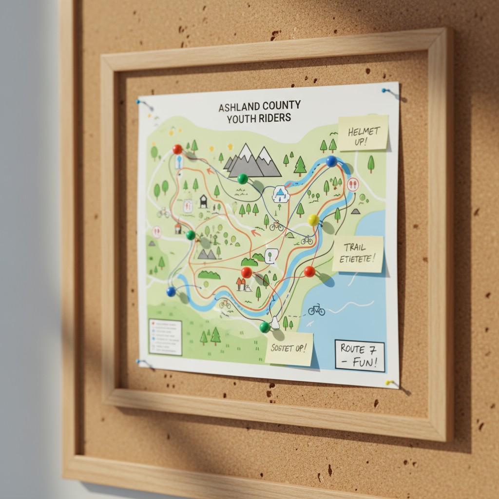 A corkboard in the shape of a square frame with a map of trails taped to the middle. The map has various colorful markers ...